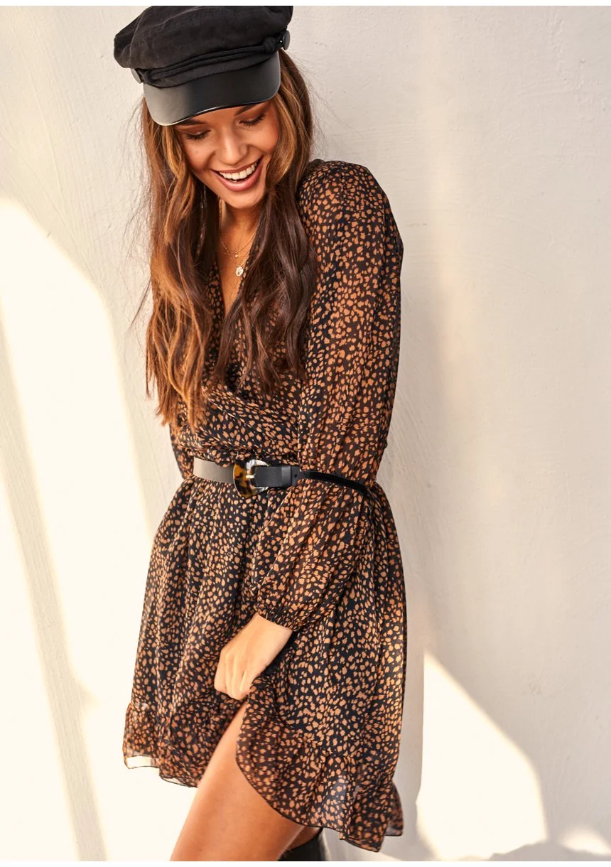 Kopertowa sukienka z szyfony Brown Dots print