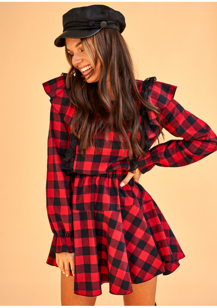 Sukienka w kratkę z falbankami Czerwona
