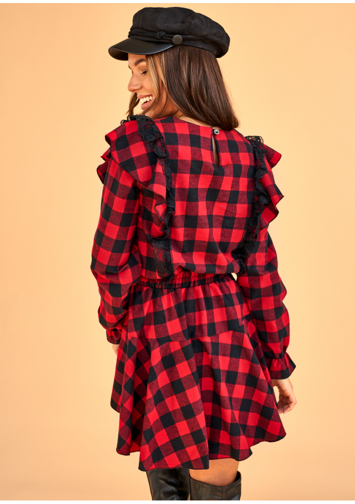 Sukienka w kratkę z falbankami Czerwona