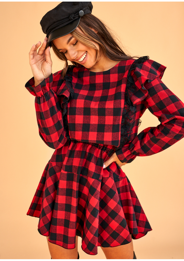 Sukienka w kratkę z falbankami Czerwona
