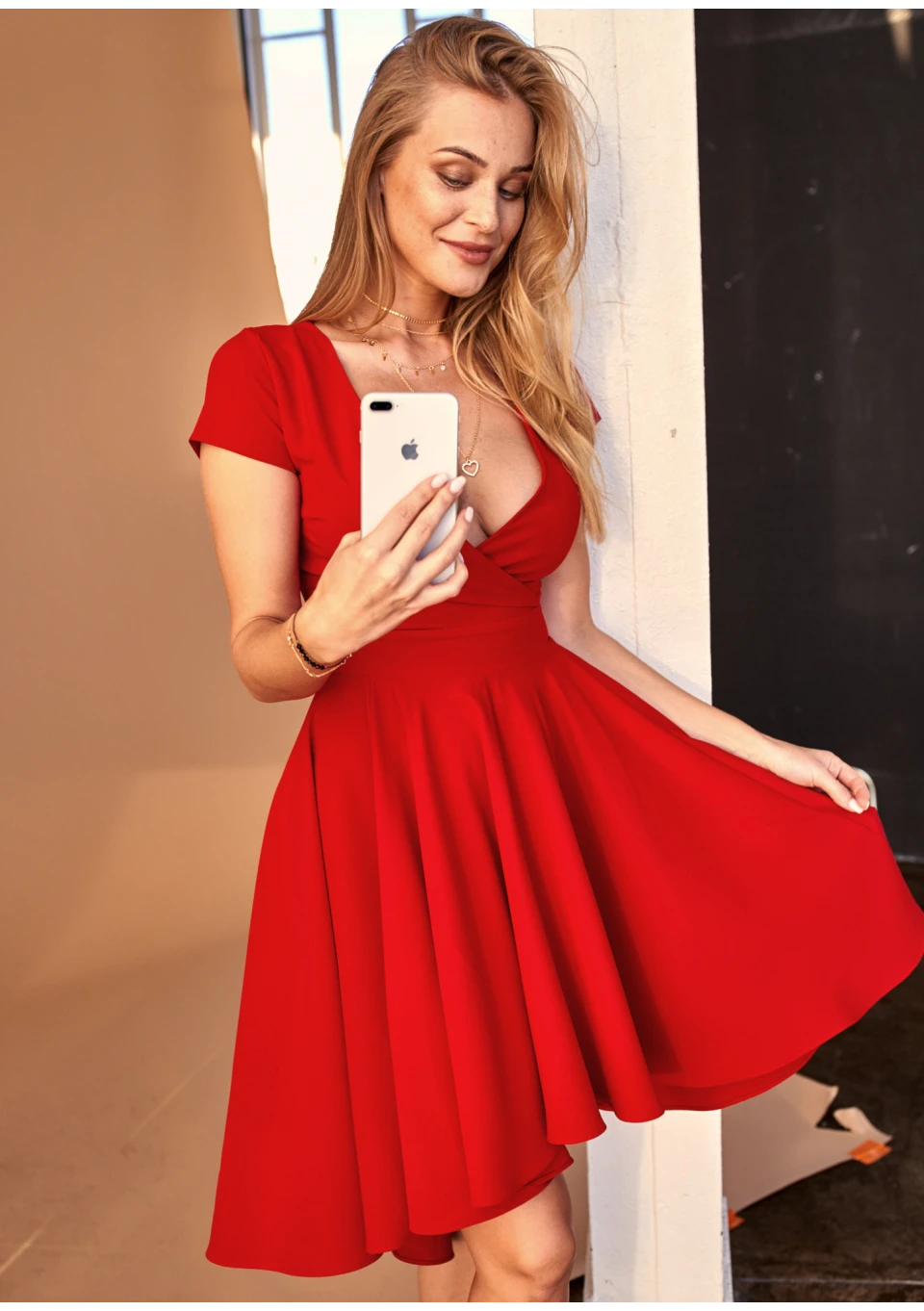white christmas dresses Sweetheart Glitter Mesh Lace Up Back Skater Dress with Pockets Junior / 14 / Red main image 0
