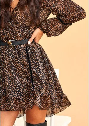 Kopertowa sukienka z szyfony Brown Dots print