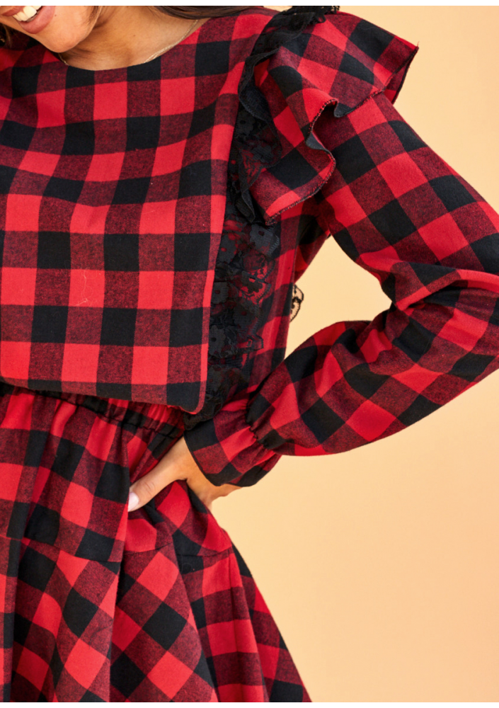 Sukienka w kratkę z falbankami Czerwona
