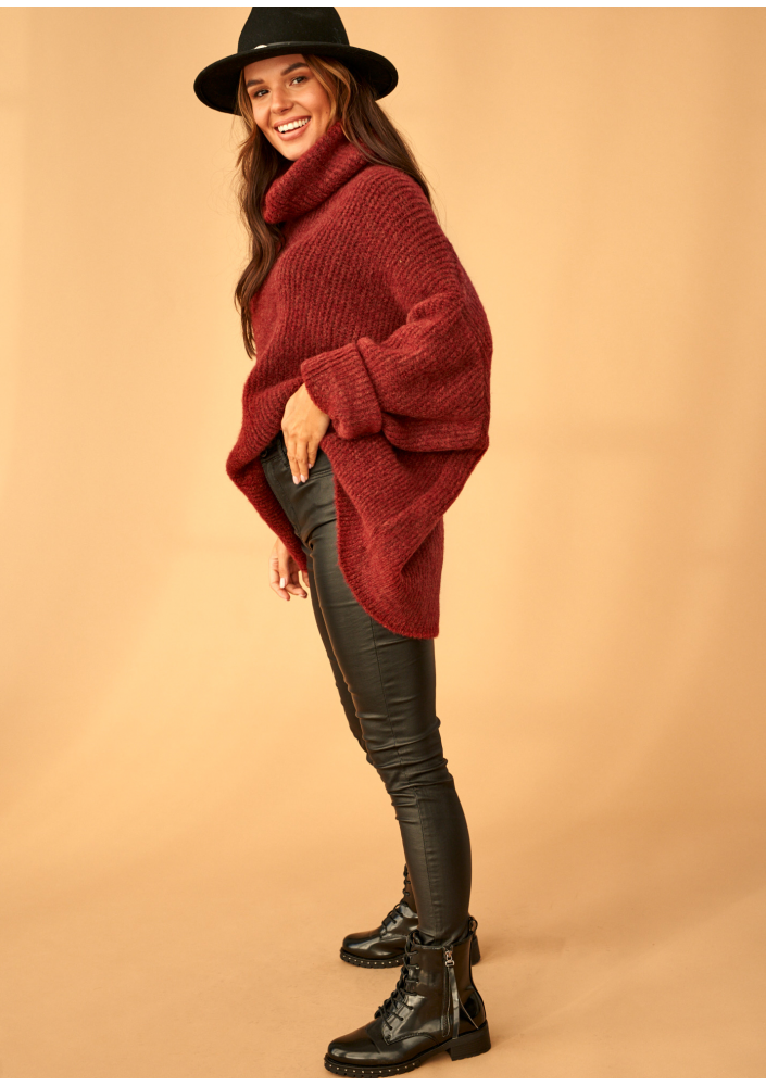Sweter z golfem oversize A007 Bordowy ILM