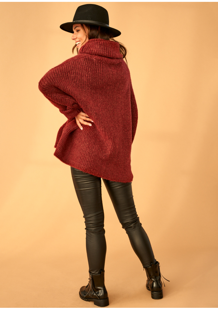Sweter z golfem oversize A007 Bordowy ILM