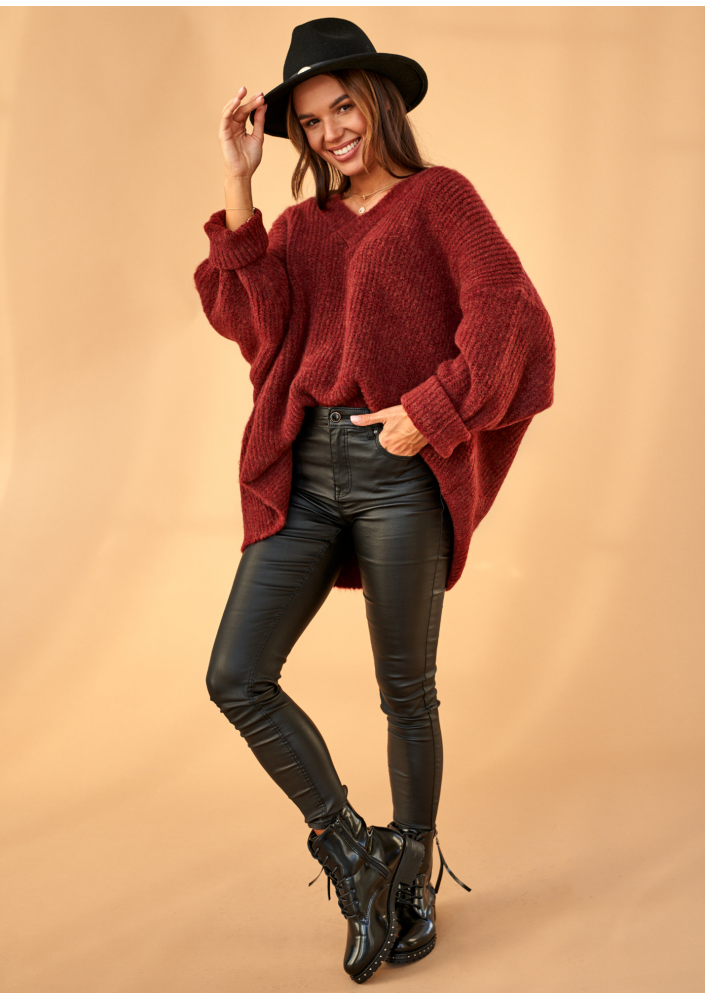 Sweter oversize z dekoltem V A006 Bordowy ILM