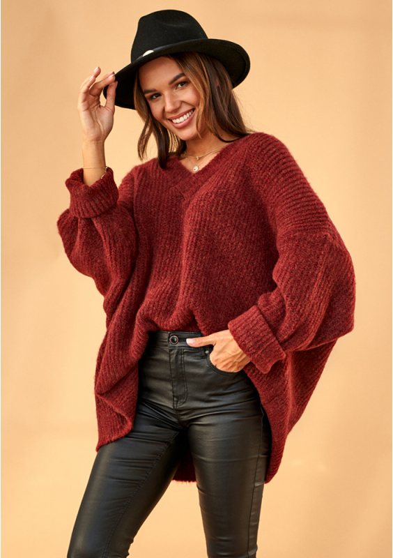 Sweter oversize z dekoltem V A006 Bordowy ILM