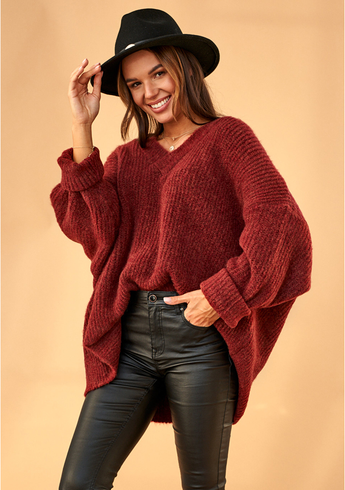 Sweter oversize z dekoltem V A006 Bordowy ILM
