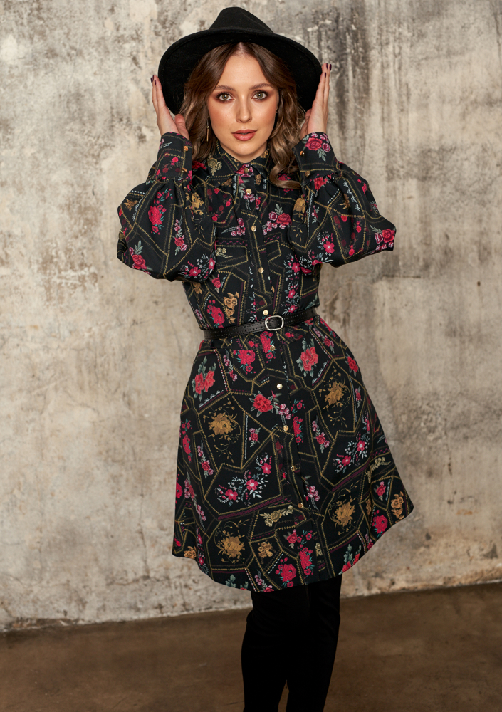 Rozpinana sukienka z kołnierzem Print