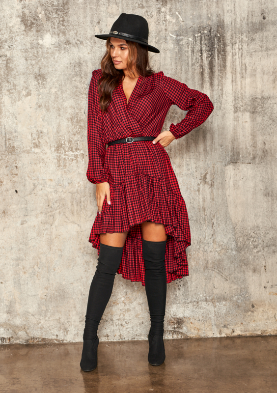 Asymetryczna sukienka z wiskozy w Kratkę