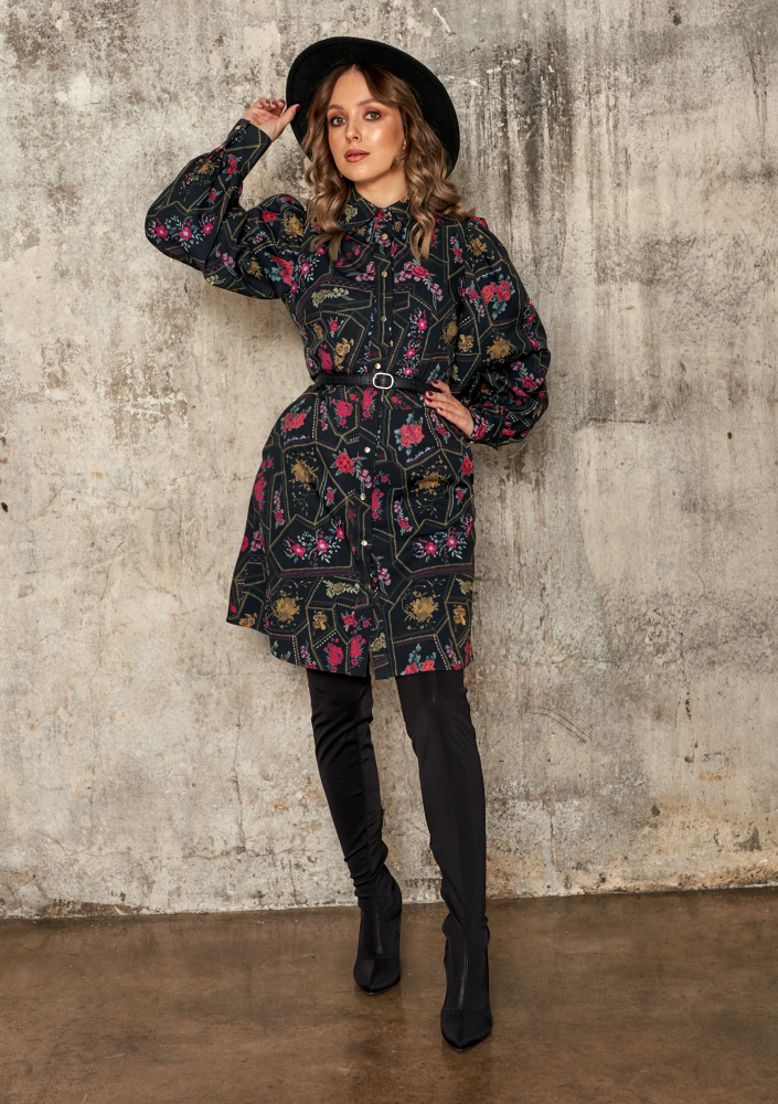 Rozpinana sukienka z kołnierzem w kwiatowy Print