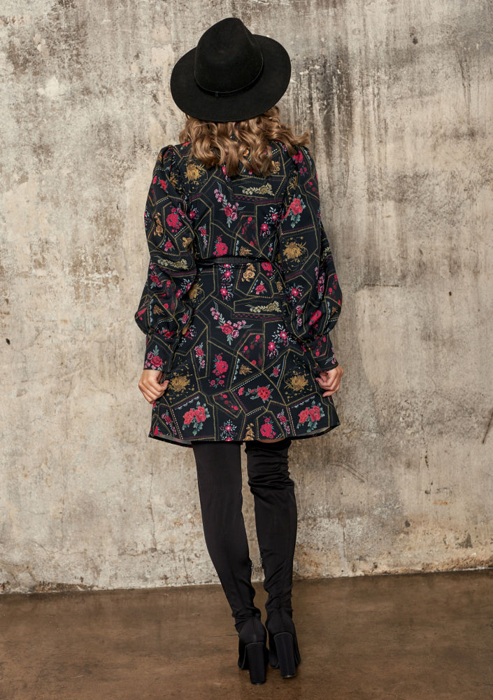 Rozpinana sukienka z kołnierzem w kwiatowy Print