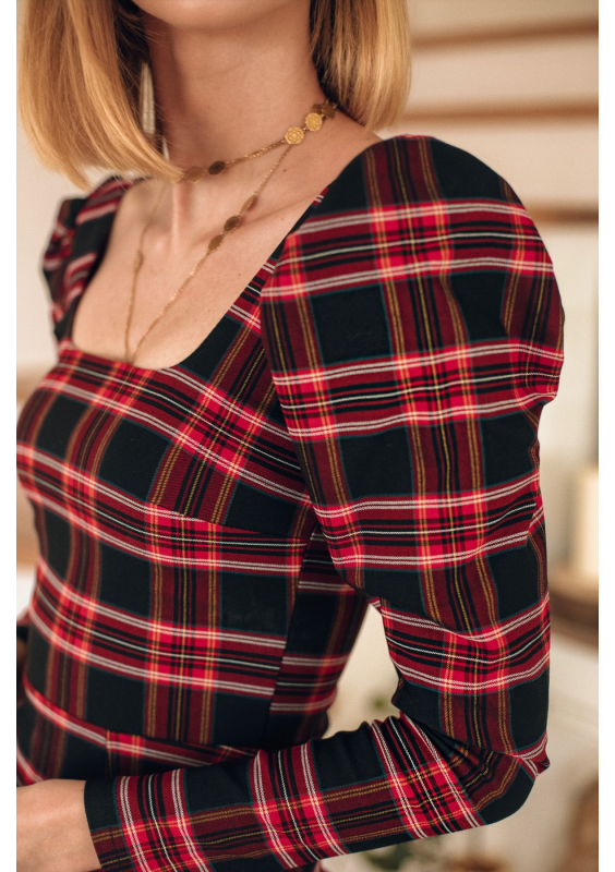 Sukienka z bufką w rękawie w kratkę Czerwona