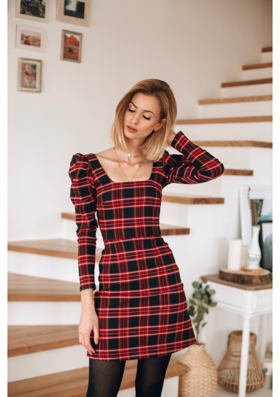 Sukienka z bufką w rękawie w kratkę Czerwona