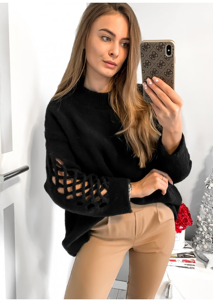 Sweter z rękawem ażurowym A41 Czarny ILM