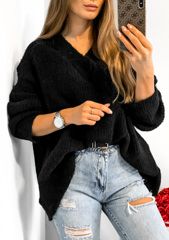 Sweter oversize z dekoltem V A006 Bordowy ILM