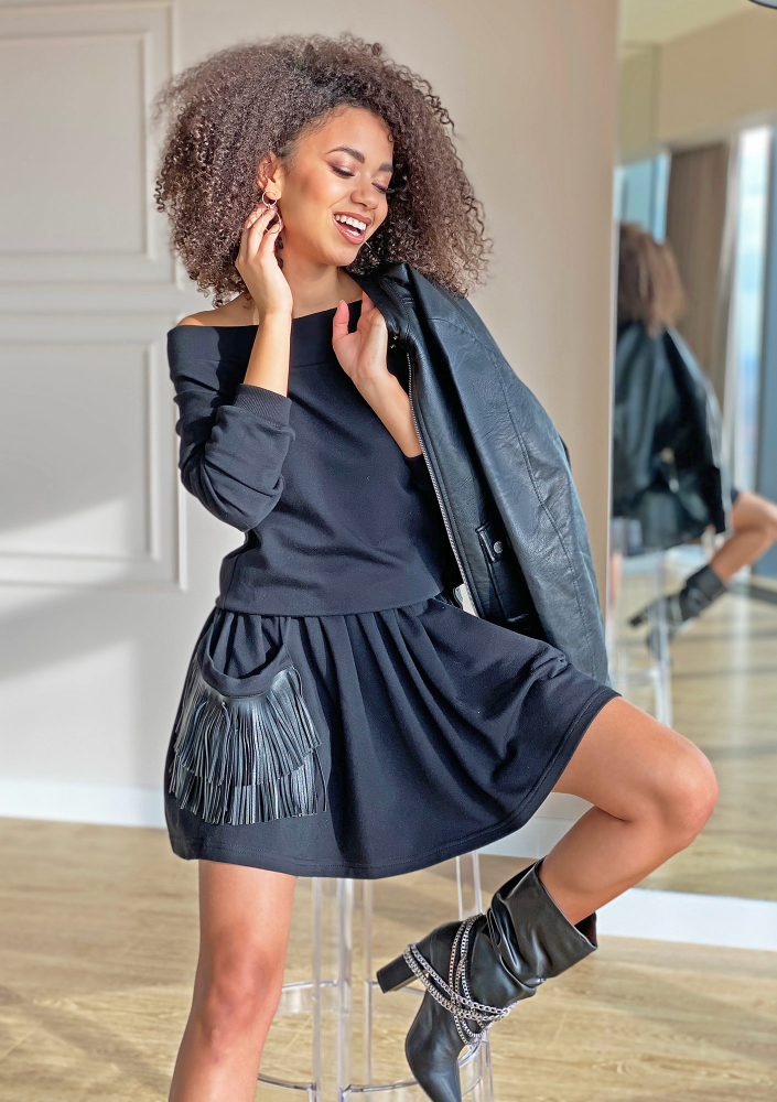 Sukienka z bawełny z frędzlami Czarna