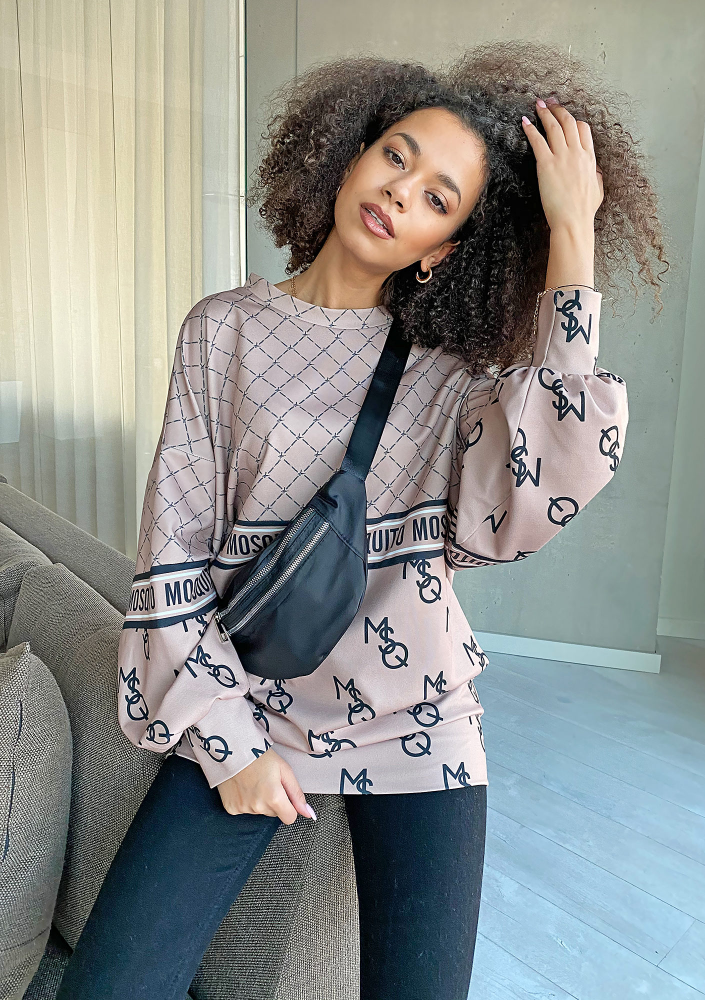 Bluza logo z łączonych printów Beżowa