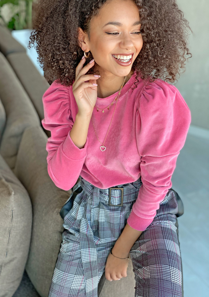 Welurowa bluza z bufką Różowa