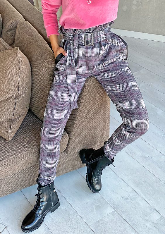 Spodnie z wysokim stanem w kratę Różowe