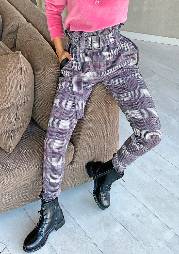 Spodnie z wysokim stanem w kratę Różowe