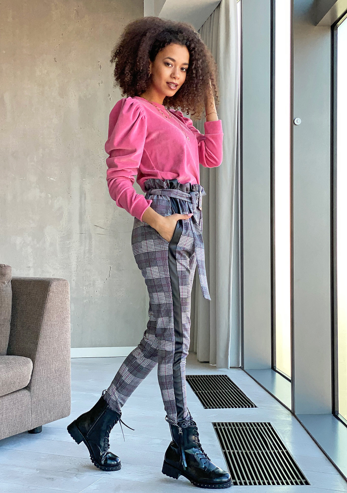 Spodnie z wysokim stanem w kratę Różowe