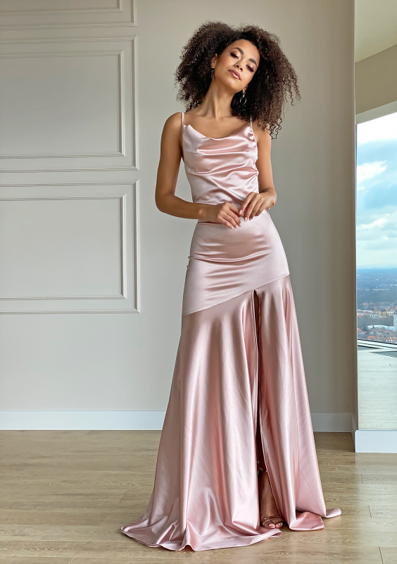Sukienka maxi z satyny Pudrowy róż