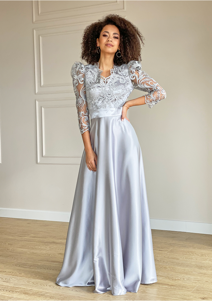 Sukienka maxi z gipiurą Srebrna