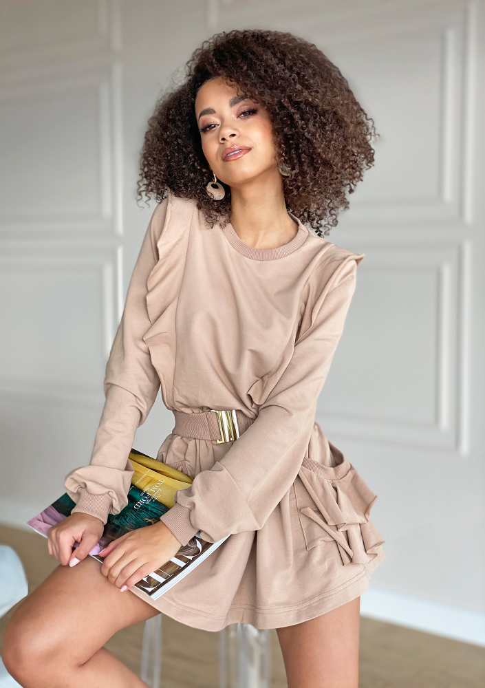 Sukienka z bawełny z falbankami Beżowa