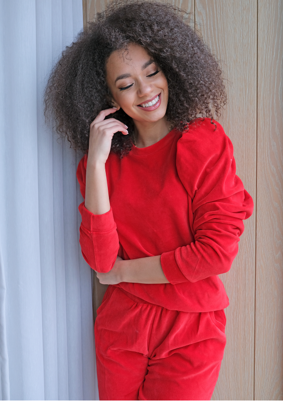 Welurowa bluza z bufką Czerwona