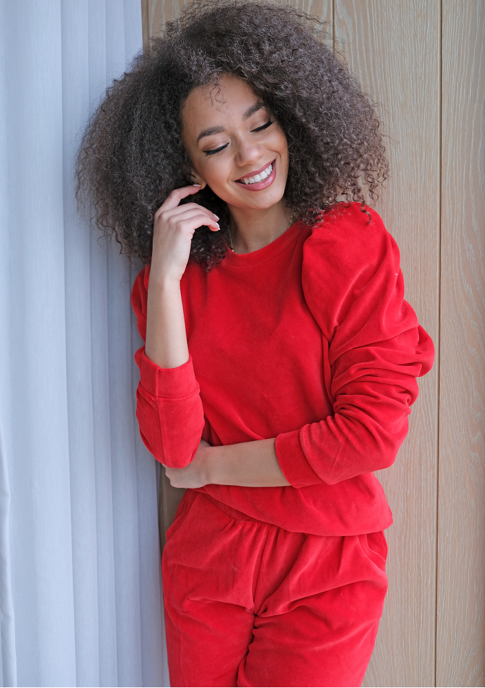 Welurowa bluza z bufką Czerwona