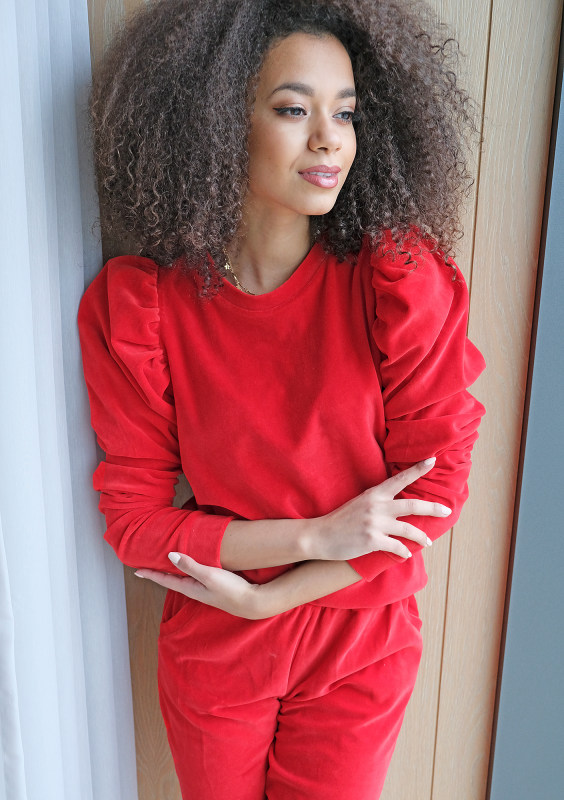 Welurowa bluza z bufką Czerwona