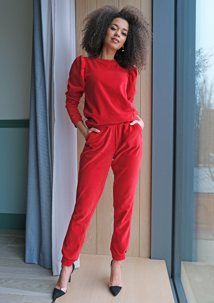 Welurowa bluza z bufką Czerwona