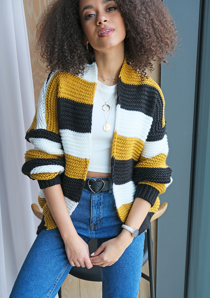 Kardigan z wełną w pasy A47 Musztardowy ILM