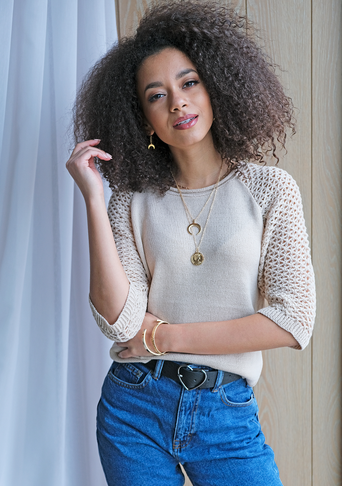 Letni sweter z rękawem z siatki  A50 Beżowy ILM