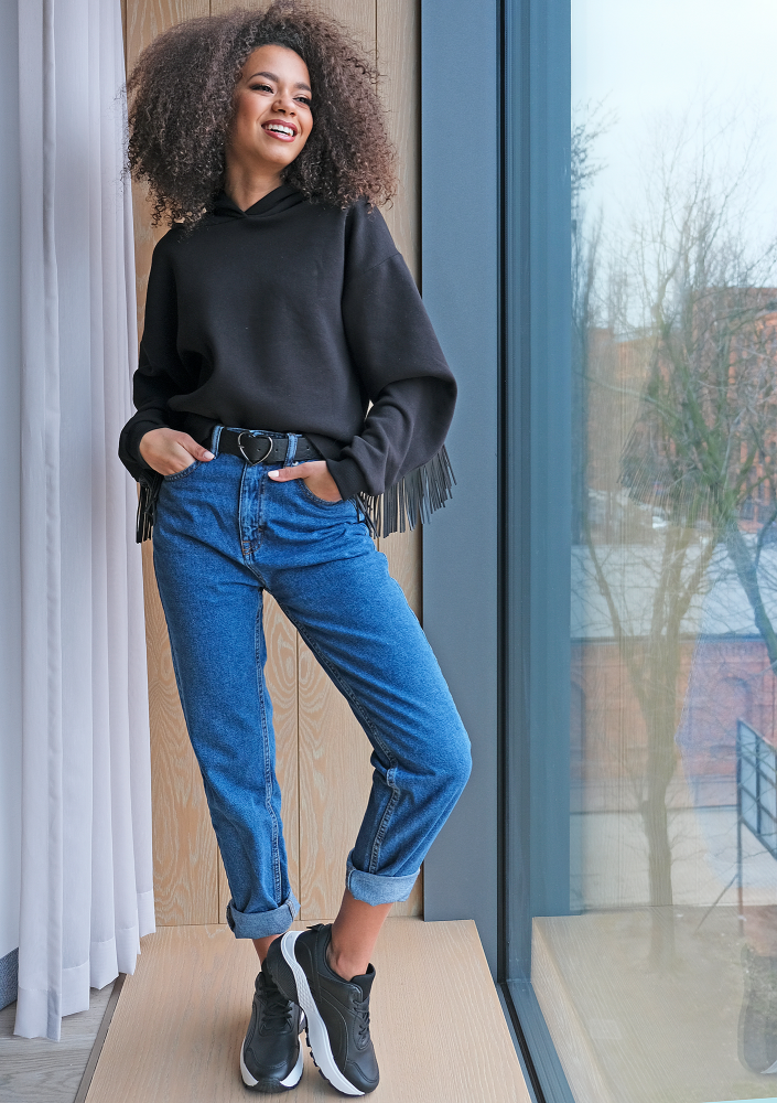 Bluza z frędzlami z eko skóry Czarna