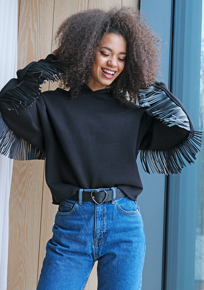 Bluza z frędzlami z eko skóry Czarna