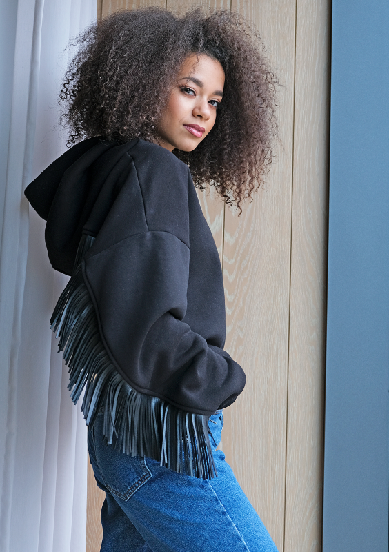 Bluza z frędzlami z eko skóry Czarna