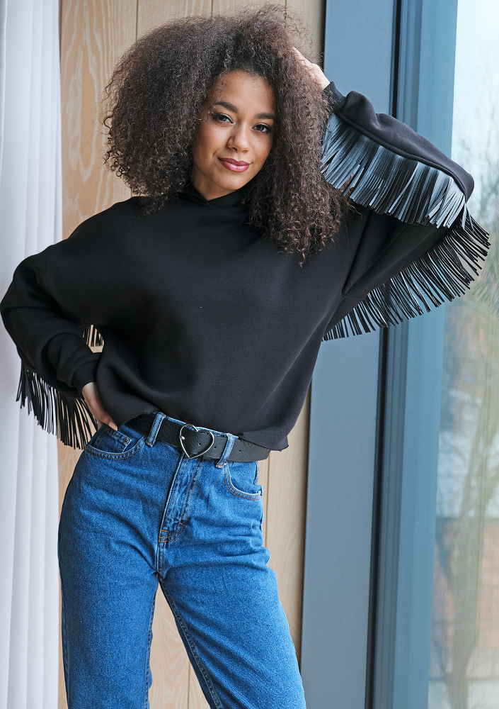 Bluza z frędzlami z eko skóry Czarna