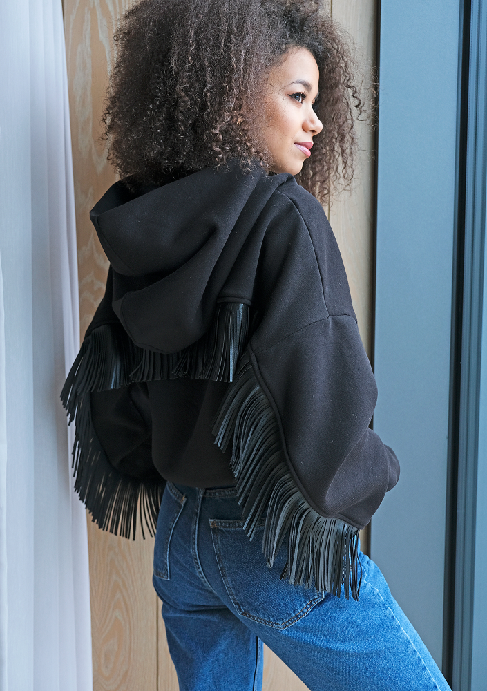 Bluza z frędzlami z eko skóry Czarna