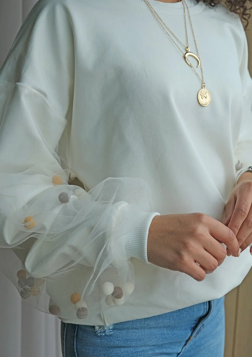 Bluza z tiulowym rękawem Pom Pom Kremowa ILM