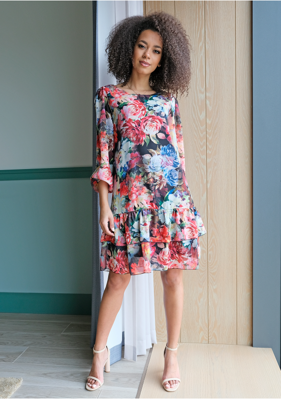 Sukienka z falbaną w kwiaty Chifon Czarna