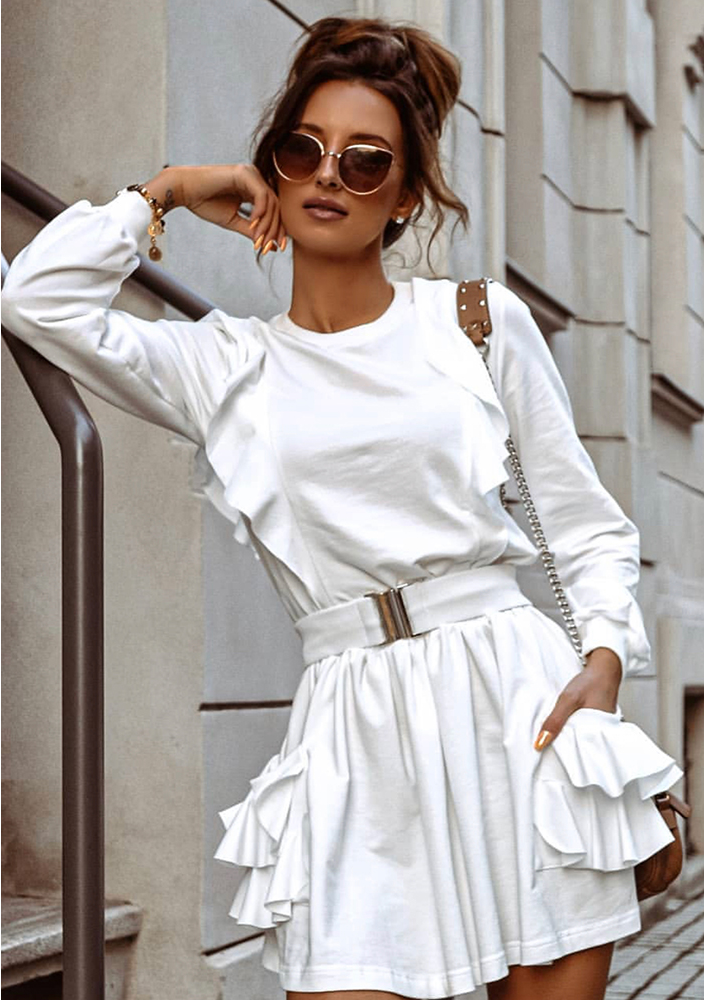 Sukienka z bawełny z falbanami Kremowa