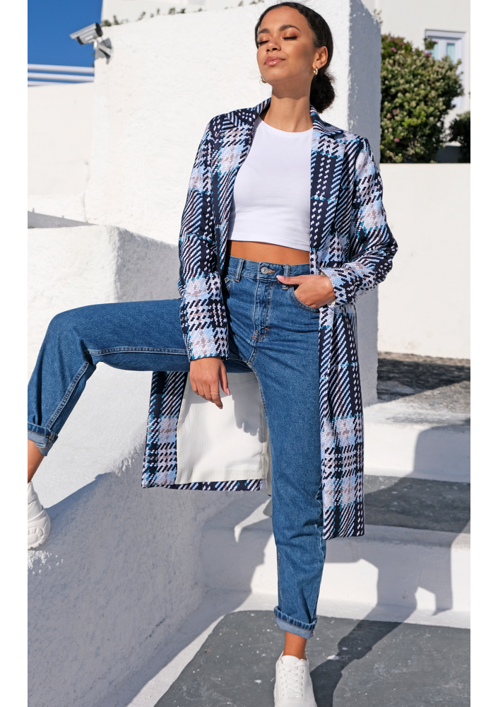 Płaszcz z flauszu drukowany w Kratę błękitny