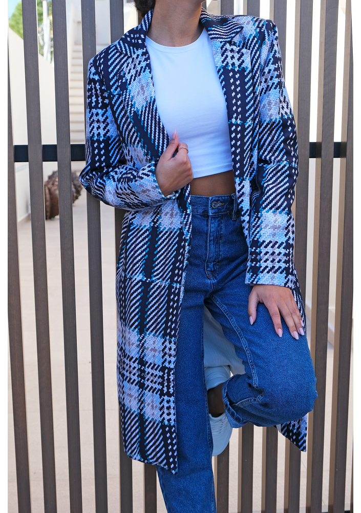 Płaszcz z flauszu drukowany w Kratę błękitny