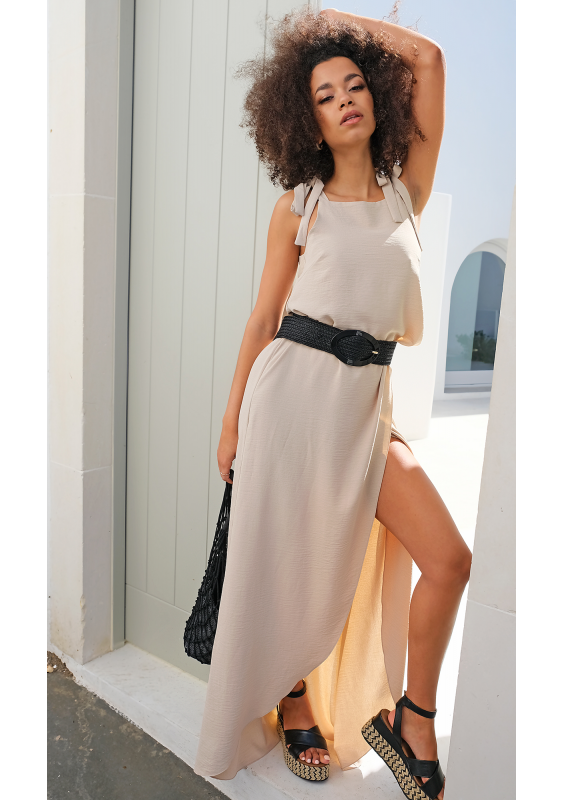 Sukienka maxi wiązana na ramionach beżowa