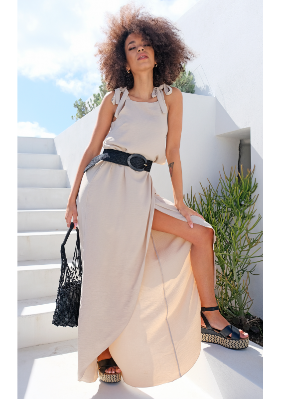 Sukienka maxi wiązana na ramionach beżowa