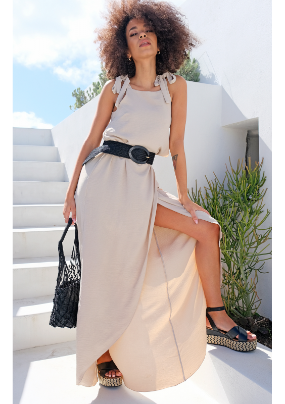 Sukienka maxi wiązana na ramionach beżowa