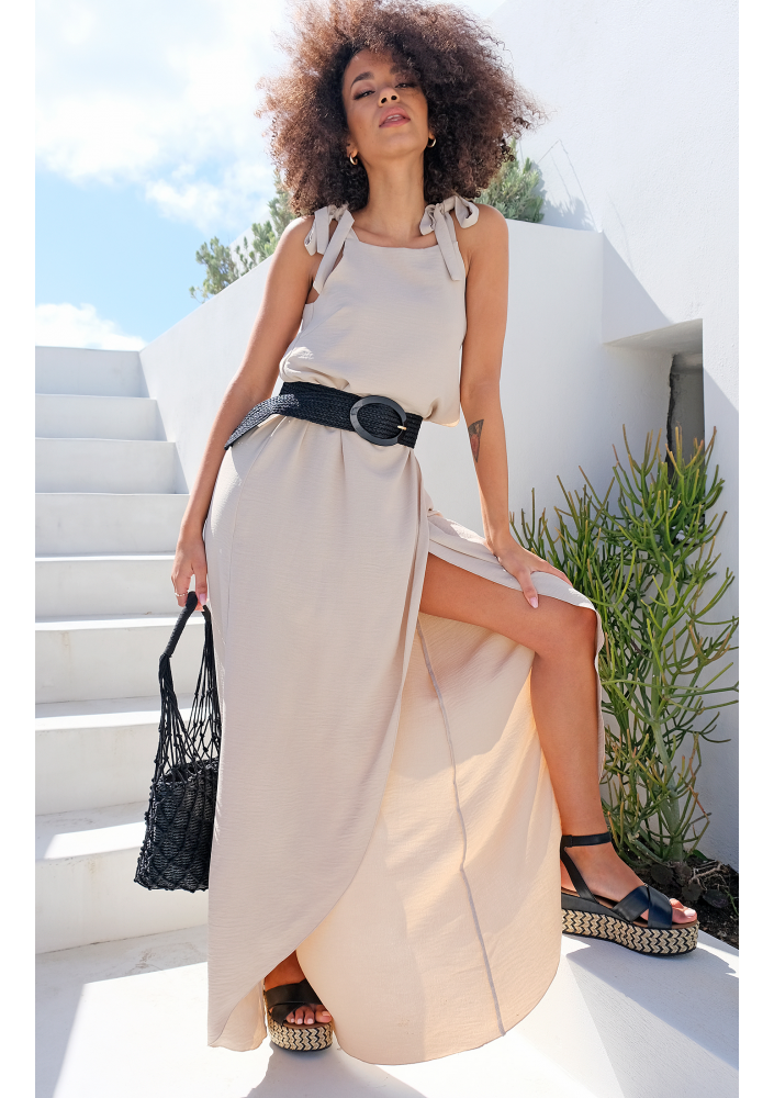 Sukienka maxi wiązana na ramionach beżowa