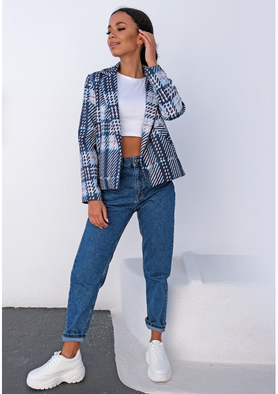 Kurtka z flauszu druk w kratę błękitna